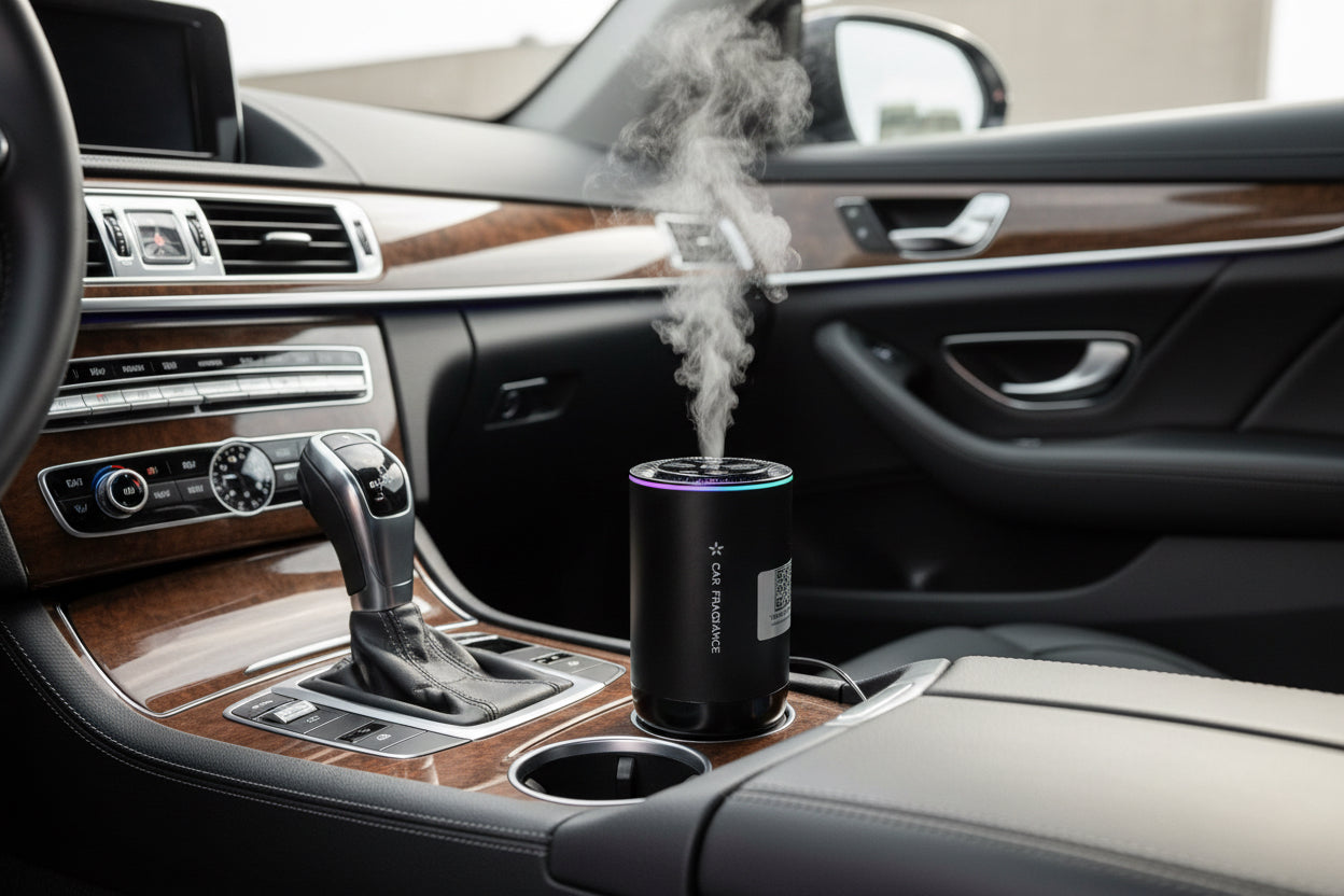 "Premium car essential oil diffuser and humidifier. It plugs directly into the car's 12V socket, removing the need for messy cables. Advanced ultrasonic technology creates a fine mist that instantly eliminates stubborn smoke, food, and pet odors. Features a sleek design with a built-in LED indicator light. Quiet, efficient, and perfect for keeping your vehicle smelling fresh and luxurious on every drive."
