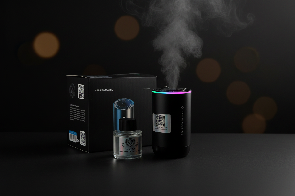 Difusor de aromas premium para carro. Diseño compacto y elegante que cabe perfecto en el portavasos o se adapta fácilmente. Funciona con aceites esenciales para eliminar por completo el olor a humedad o cigarro, manteniendo el auto fresco y con aroma a lujo las 24 horas. Conexión USB y apagado inteligente de seguridad."